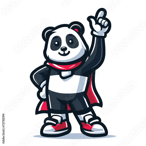 Cute adorable panda with hero dress cartoon character vector illustration, funny Asian Chinese animal baby panda flat design mascot template isolated on white background
