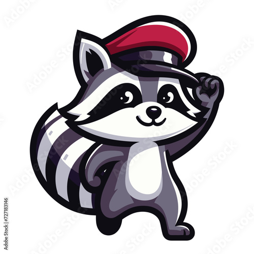 Cute adorable raccoon cartoon character vector illustration, funny racoon flat design template isolated on white background