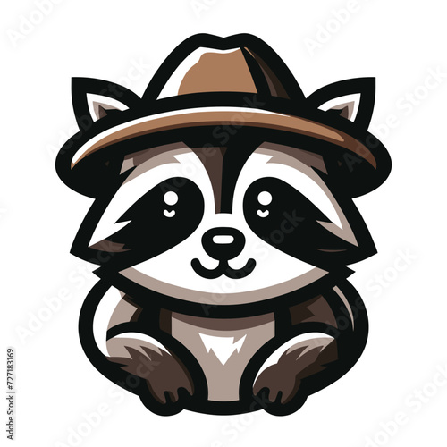 Cute adorable raccoon with hat cartoon character vector illustration, funny racoon flat design template isolated on white background