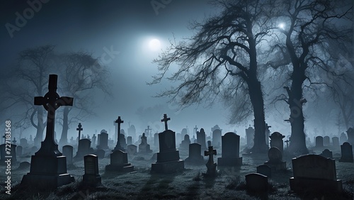 Gloomy Cemetery Scene: Spooky Tree and Tombstones Aglow