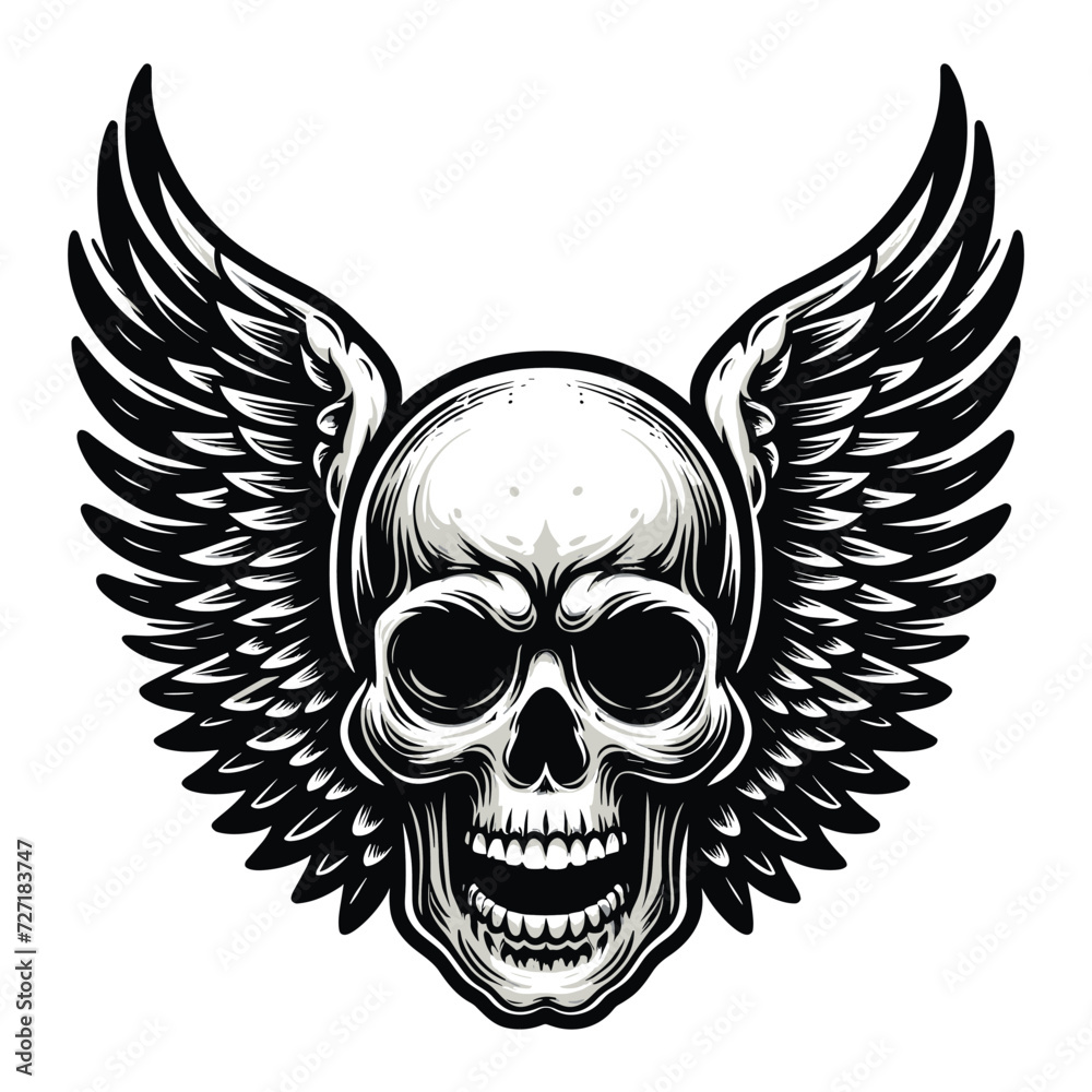 Skull wings vector illustration, winged skull badge emblem template suitable for apparel t-shirt, poster, motorbike club logo, tattoo. Design isolated on white background Skull wings vector illustration, winged skull badge emblem template suitable for apparel t-shirt, poster, motorbike club logo, tattoo. Design isolated on white background