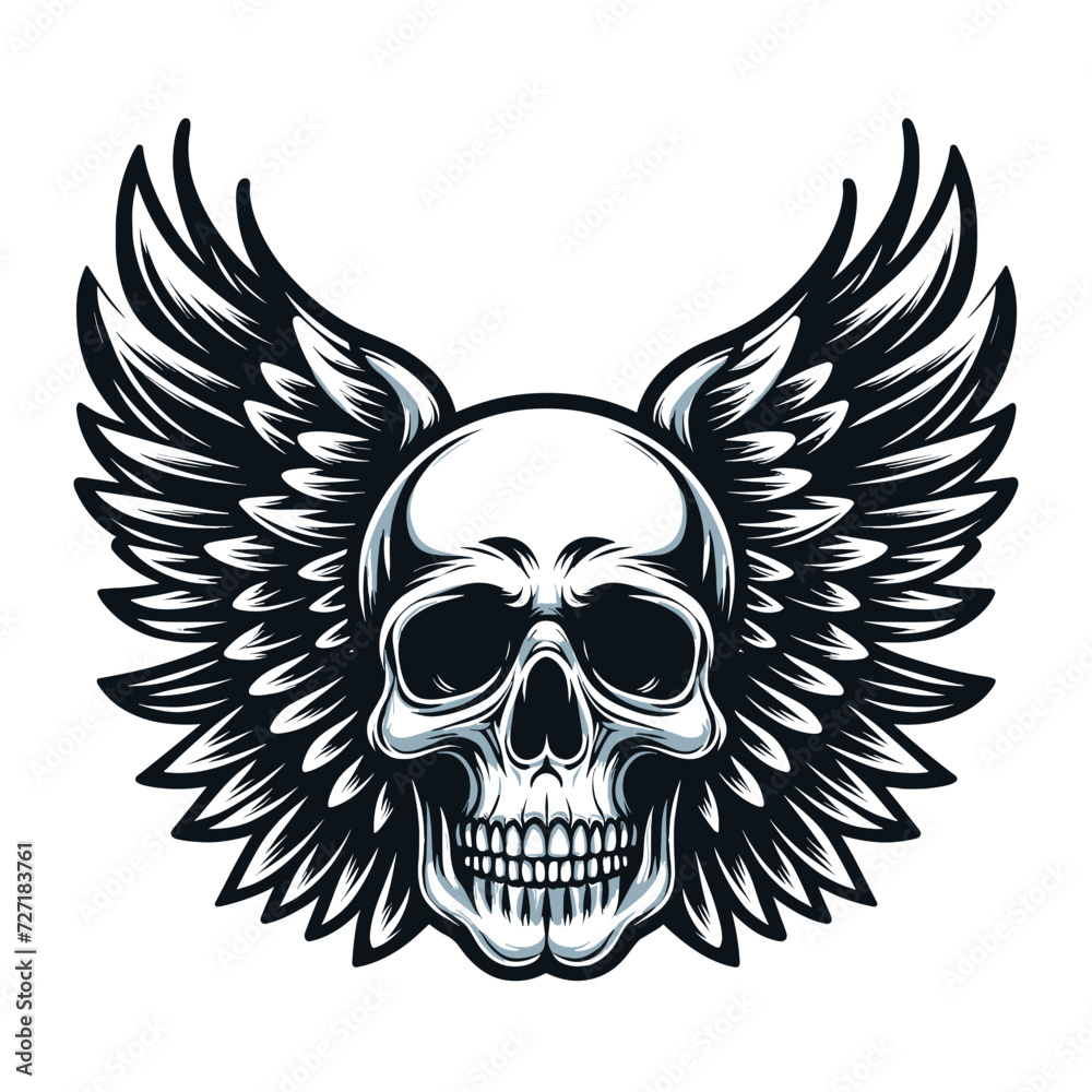 Skull wings vector illustration, winged skull badge emblem template suitable for apparel t-shirt, poster, motorbike club logo, tattoo. Design isolated on white background Skull wings vector illustration, winged skull badge emblem template suitable for apparel t-shirt, poster, motorbike club logo, tattoo. Design isolated on white background