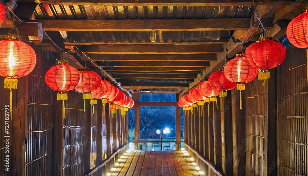 2 rows of beautiful red lanterns hanging on the eaves of the chinese ...