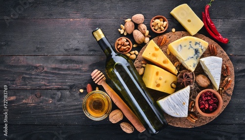 assortment of cheeses a bottle of wine honey nuts and spices on a wooden table top view free space for text