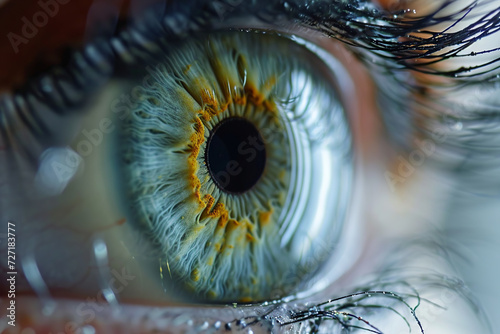 Close-up of the opening pupil of the iris of the human eye. Wide open human eye in real time. Female light green eye. the iris and pupil look into the distance. Cinematic. The iris narrows.