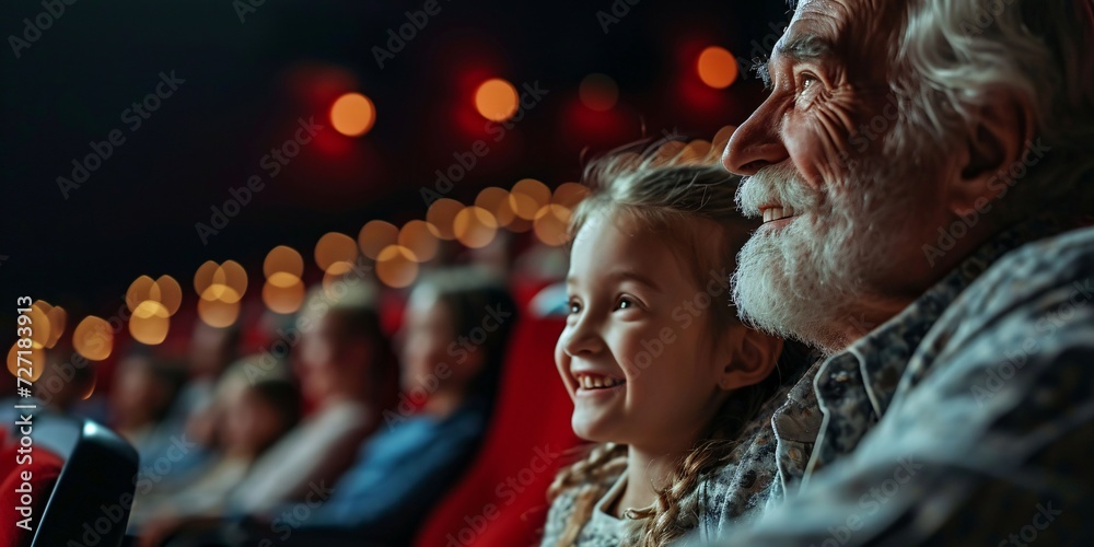A grandfather and his granddaughter are at the cinema, having a great time and giggling. A grandfather and his granddaughter are at the cinema, having a great time and giggling.