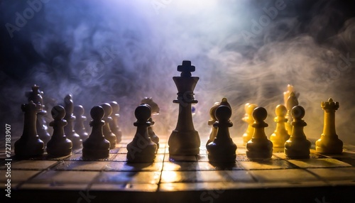 chess board game concept of business ideas and competition or strategy ideas concept chess figures on a dark toned foggy background