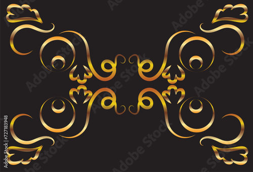 Fantasy ornament with swirls. Symmetrical ornament, applique, background. Gold gradient on a black background for printing on fabric, applique and cards.