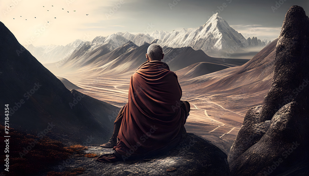 tibetan monk sitting on a stone meditating in a mountain valley, rear view. Generative AI. - obrazy, fototapety, plakaty 
