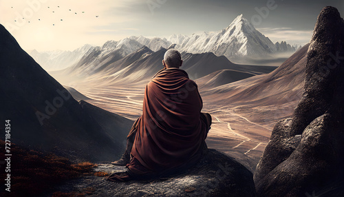 tibetan monk sitting on a stone meditating in a mountain valley, rear view. Generative AI. photo