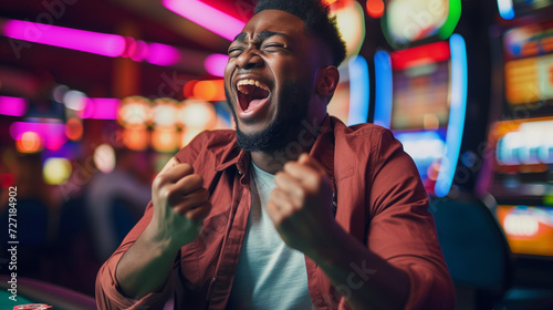 African-American guy is happy to win in the casino, emotions of joy, elation, happiness.  © evastar