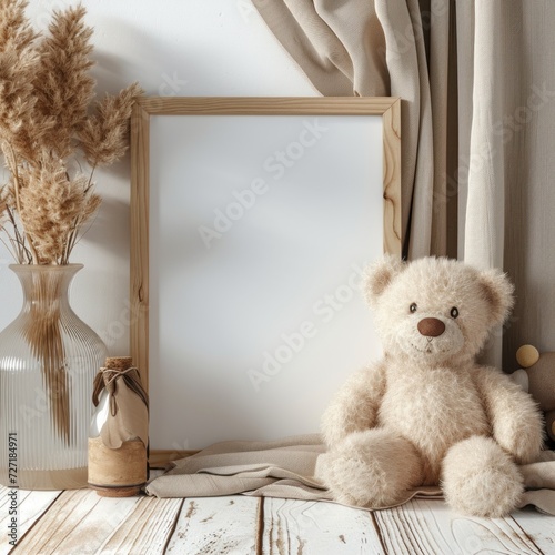 wooden blank photo frame with teddy.  interior decoration minimalist modern themed. Ai generated