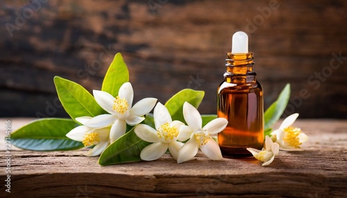 neroli essential oil with flowers on a wooden background 2