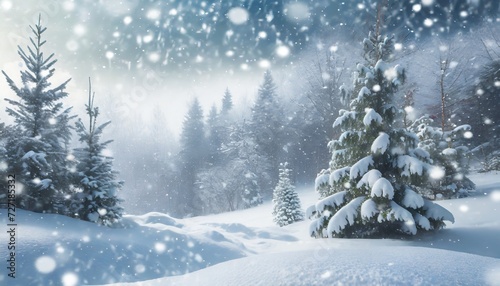 snowfall in winter forest beautiful landscape with snow covered fir trees and snowdrifts merry christmas and happy new year greeting background with copy space winter fairytale © Mac