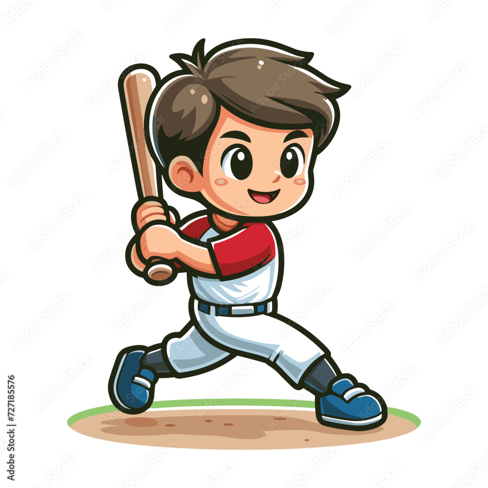 Happy cute little boy playing baseball softball in action cartoon vector illustration, hitter swinging with bat design template isolated on white background