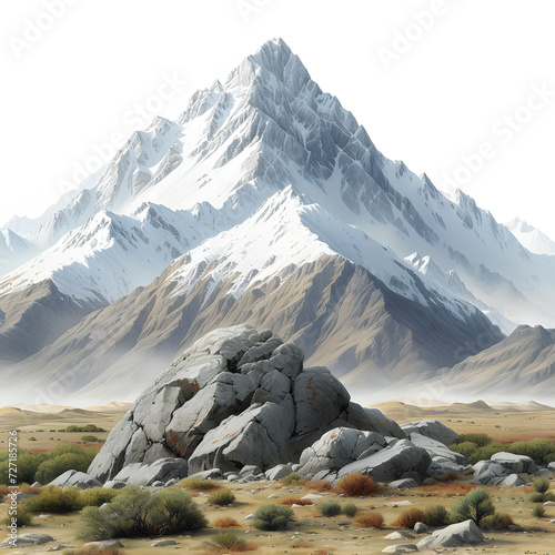 Landscape view of the rugged afghan mountains isolated on white background, pop-art, png 