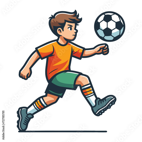 Happy cute little boy playing soccer football game in action cartoon vector illustration  kid player kicking ball design template isolated on white background