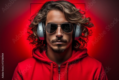 Creative young man with hi-tech glasses and headphones on vibrant monochrome backdrop © Emvats