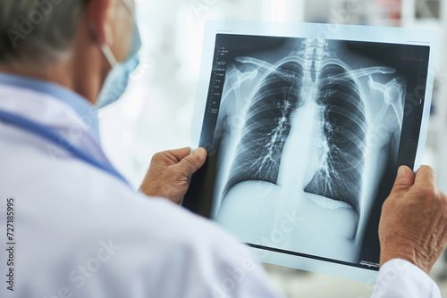 View from the back of a serious doctor examining the results of an MRI. A male specialist working in a hospital examines a patient's chest x-ray. Medicine and hospital concept. Medical health care photo