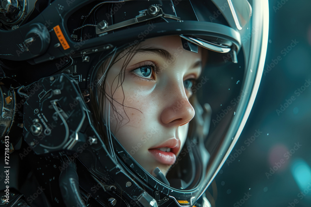 close-up portrait of a future woman in a space helmet