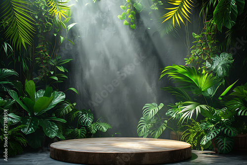 Background  tropical forest podium, 3d product render stand. podium stage minimal abstract background beauty dreamy space studio pedestal 