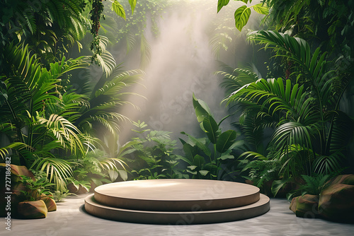 Background  tropical forest podium, 3d product render stand. podium stage minimal abstract background beauty dreamy space studio pedestal 