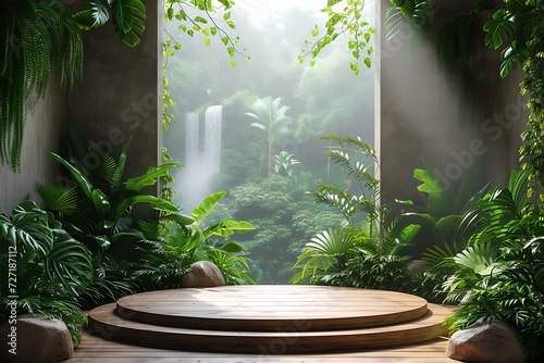 Background tropical forest podium, 3d product render stand. podium stage minimal abstract background beauty dreamy space studio pedestal 