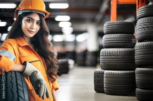 worker and tire. a female mechanic was in the tire warehouse
