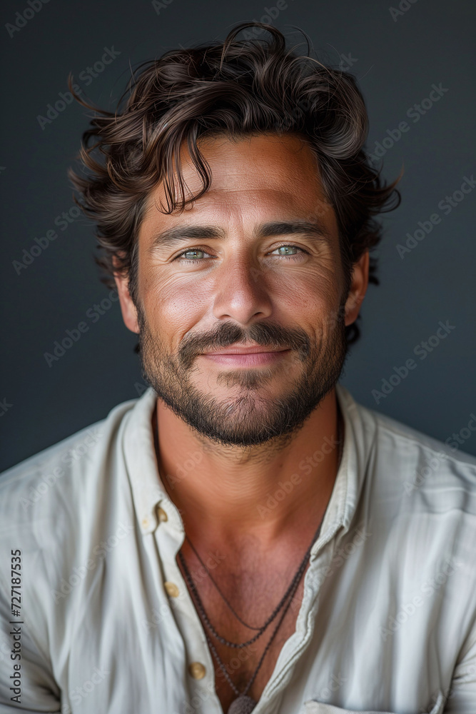 A confident and handsome man with a friendly smile, captured in a close-up portrait in a studio setting A confident and handsome man with a friendly smile, captured in a close-up portrait in a studio setting