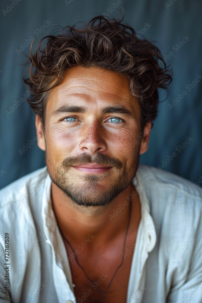 A confident and handsome man with a friendly smile, captured in a close-up portrait in a studio setting A confident and handsome man with a friendly smile, captured in a close-up portrait in a studio setting