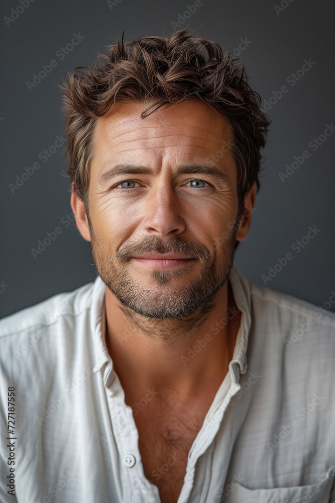 A confident and handsome man with a friendly smile, captured in a close-up portrait in a studio setting A confident and handsome man with a friendly smile, captured in a close-up portrait in a studio setting