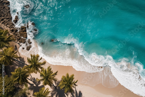 Top view of Tropical island palm tree beach, Overhead view, Aerial shot of a beach with nice sand, blue turquoise water. © jirayut