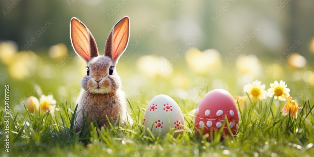Easter bunny in green grass with painted eggs, sunny day, egg hunt, Happy Easter banner background