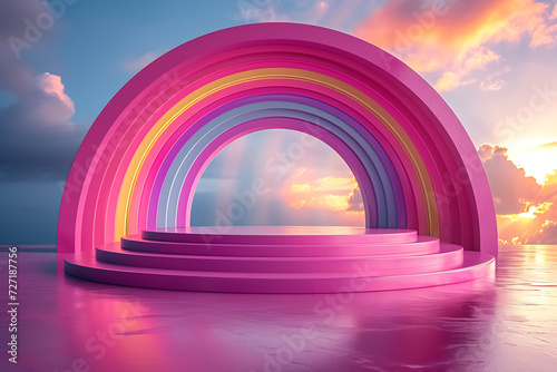 Podium background rainbow 3d visualization of the product. podium stage minimal abstract background beauty dreamy space studio pedestal

