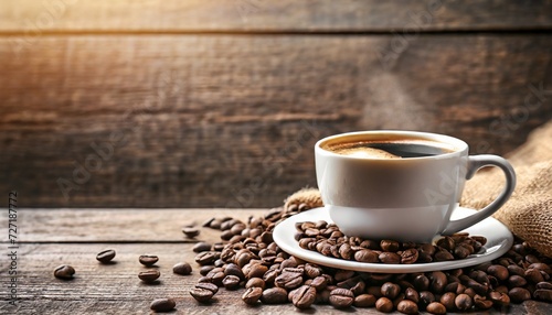 cup of coffee with beans on wooden table