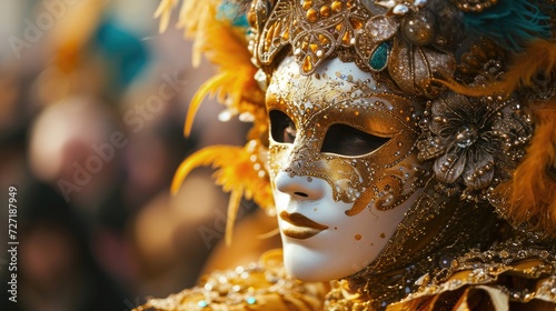 Close-Up of Feathered Mask, Vibrant and Elegant Costume Accessory, Carnival © Iftikhar