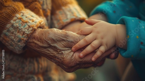 Concept of present, past and future. Life cycles. Change of generations. Age difference. Old woman hold hand little baby close up. Grandma with grandson closeup. Senior elderly grandmother wrinkles. photo