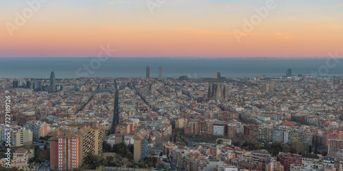 Aerial panoramic view of Barcelona city in Spain.