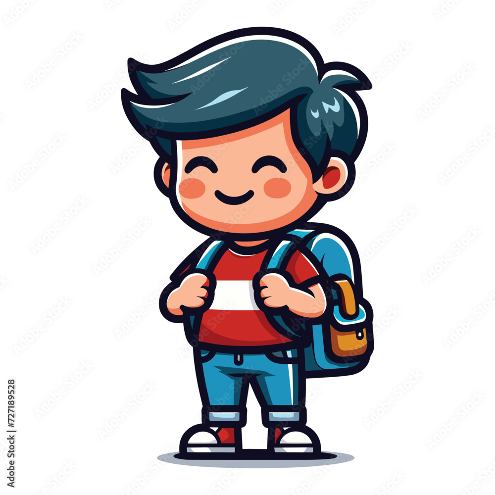 Cute little children stand with backpack, smiling kid heading to school cartoon character, vector illustration isolated on white background Cute little children stand with backpack, smiling kid heading to school cartoon character, vector illustration isolated on white background