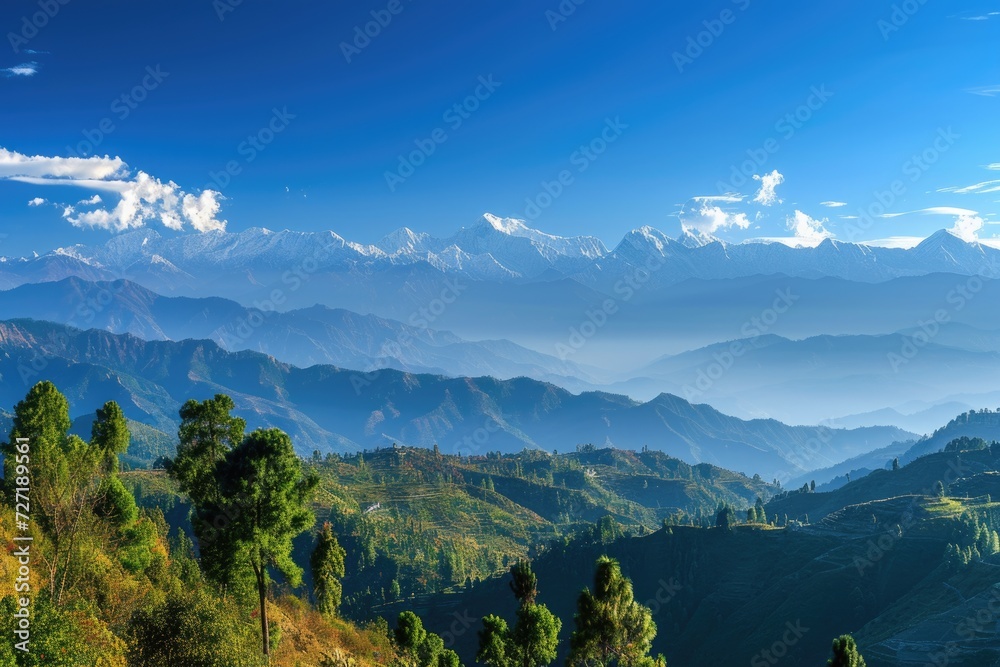 Autumn morning view of the Himalayas from Kausani  Uttarakhand  India. - obrazy, fototapety, plakaty 