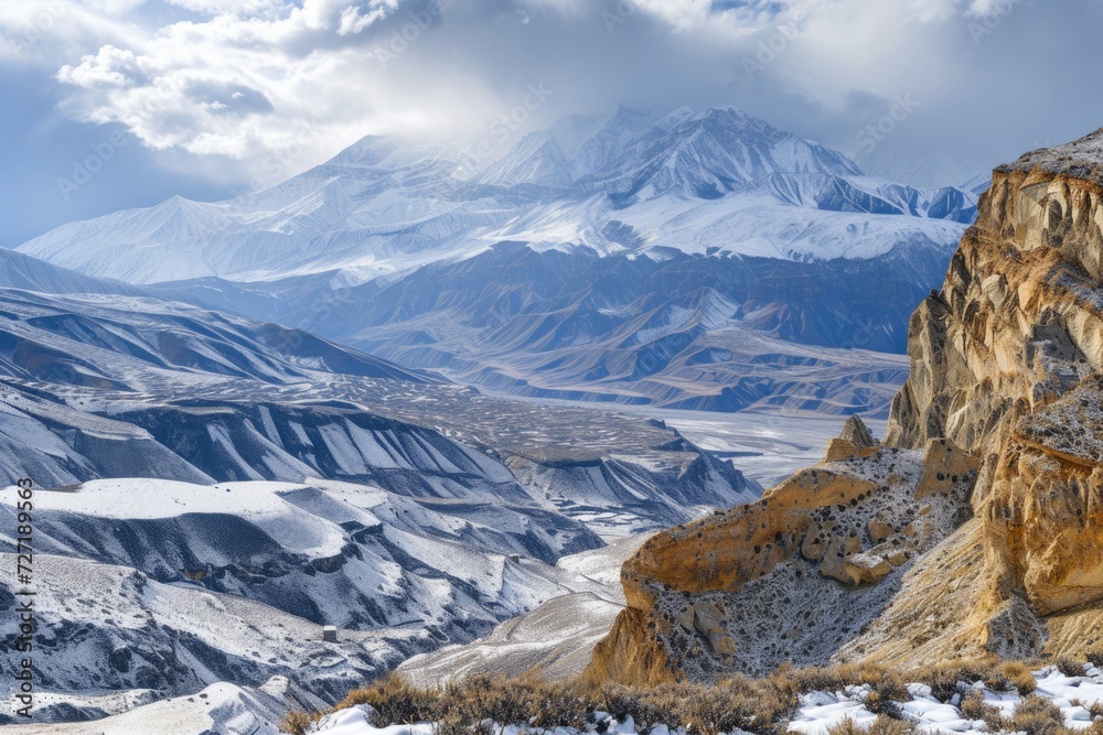 Snowy mountain panorama in Upper Mustang  Nepal.