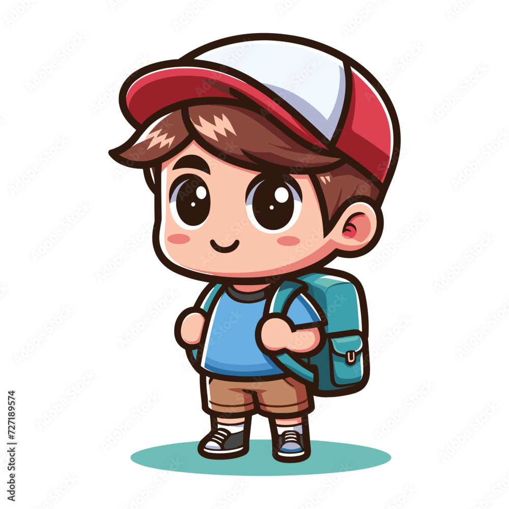Cute little children stand with backpack, smiling kid heading to school cartoon character, vector illustration isolated on white background Cute little children stand with backpack, smiling kid heading to school cartoon character, vector illustration isolated on white background
