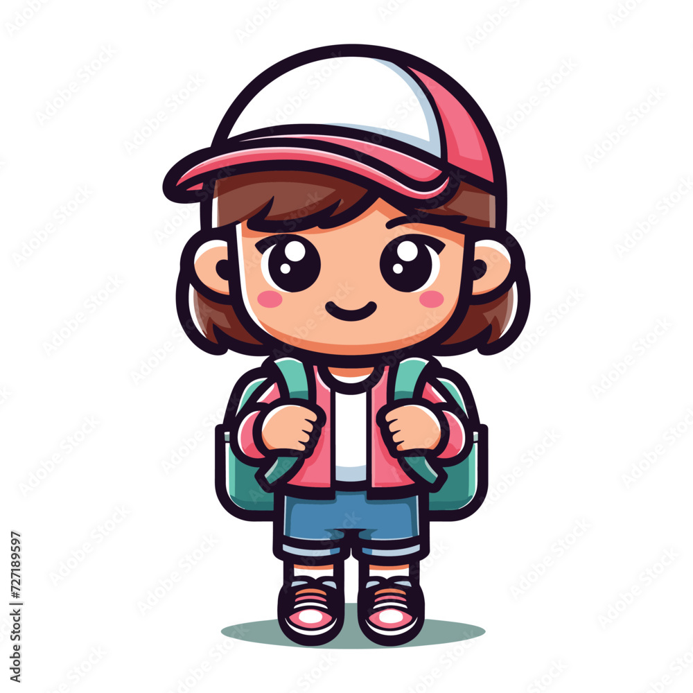 Cute little children stand with backpack, smiling kid heading to school cartoon character, vector illustration isolated on white background Cute little children stand with backpack, smiling kid heading to school cartoon character, vector illustration isolated on white background