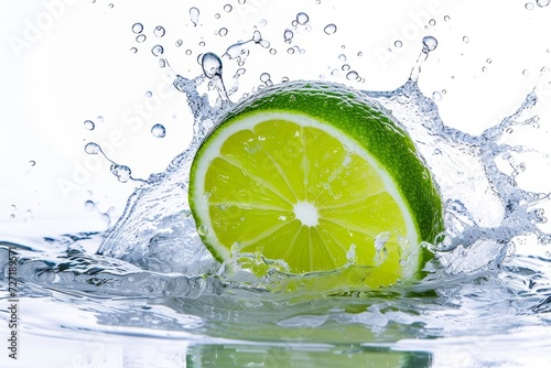 Lime slice and water splash on white background. Wallpaper. Banner. Backdrop