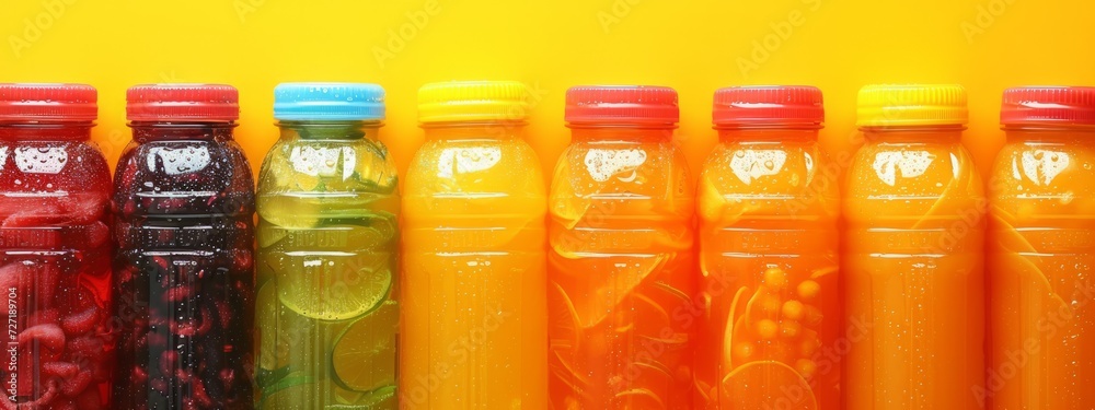 A Row of Plastic Bottles Lined up Against a Yellow Wall A Row of Plastic Bottles Lined up Against a Yellow Wall