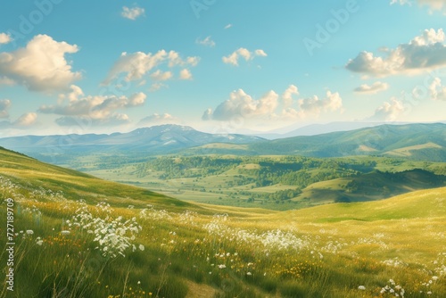 Beautiful Romanian countryside sunny springtime mountains rolling hills rural scenery.