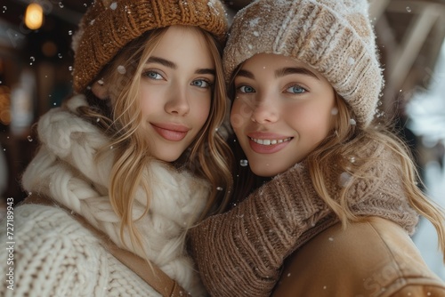 Two women's faces radiate joy and warmth as they model their fashionable hats and scarves, adding a touch of style to the cozy winter indoor setting