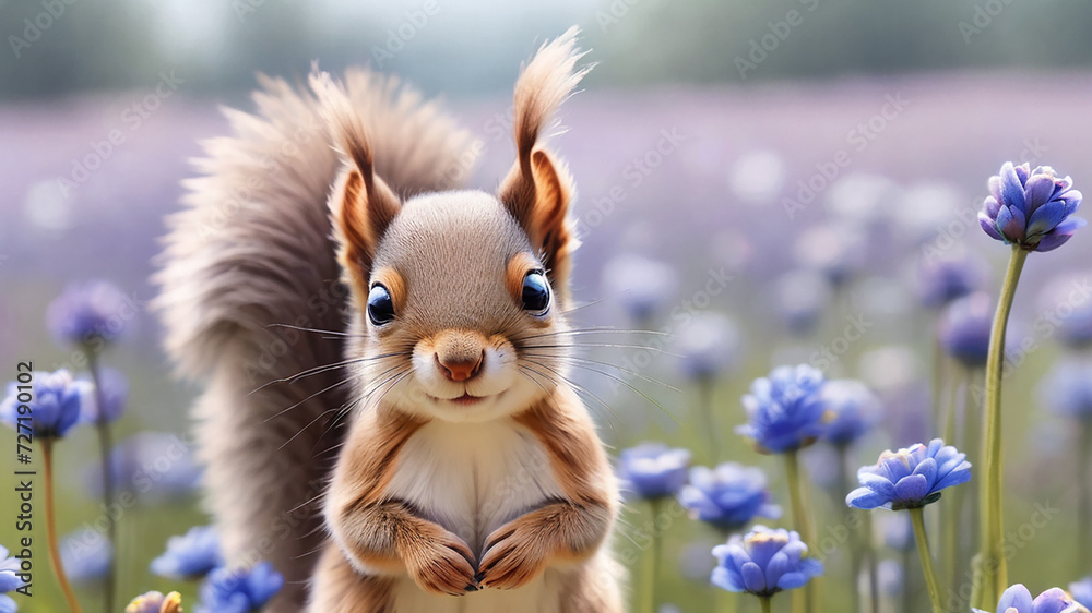 Squirrel in the park with blue flowers