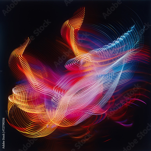 Abstract neon patterns pulsating in rhythmic harmony, forming a mesmerizing dance of light against a pitch-black background. 