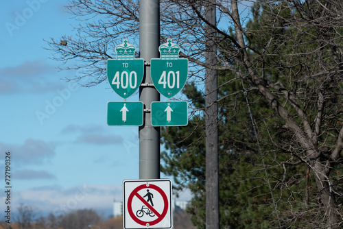 Photography highway traffic signs on Black Creek Drive (for Highways 400 and 401) and a sign